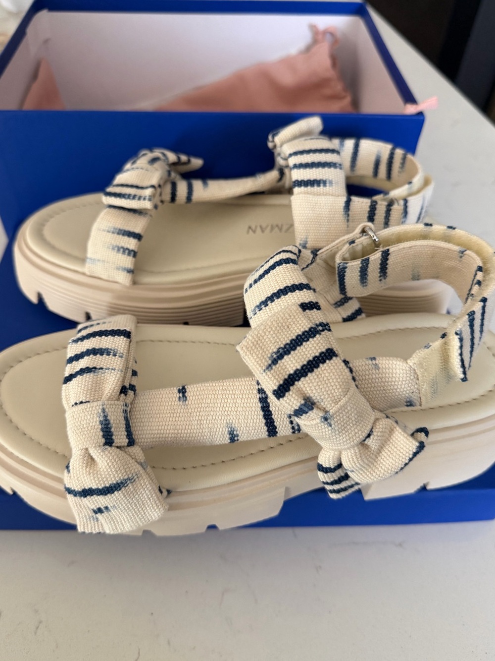 Stuart Weitzman Cream and Navy Striped Women’s Sandals